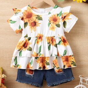 2T 3T Baby Girl Sunflower Outfit Set | Ruffle Sleeve Top + Denim (9-12M, 2T, 3T)